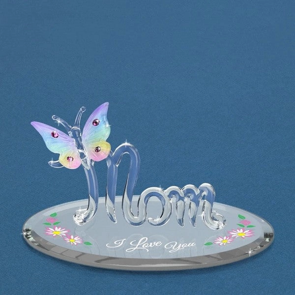 I Love You, Mom with Rainbow Butterfly and Pink Crystals Glass Figurine Decorative Mirror,Home Decor Mirror