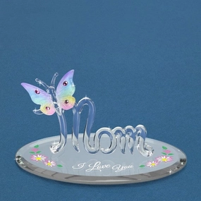 I Love You, Mom with Rainbow Butterfly and Pink Crystals Glass Figurine Decorative Mirror,Home Decor Mirror