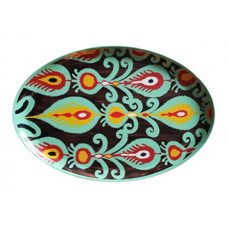Ikat Oval Handpainted Iron Tray 48 x 39cm, Green