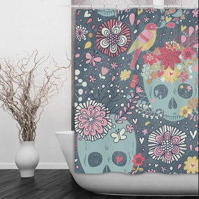 IN STOCK SAMPLE Sugar Skull with Woodland Flowers - 70 x 90 XLong Shower Curtain Lighting,Lamps Fixtures