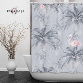 Ink Drum Style Grey Palm and Pink Flamingo Shower Curtains and Optional Bath Mats Lighting,Lamps Fixtures