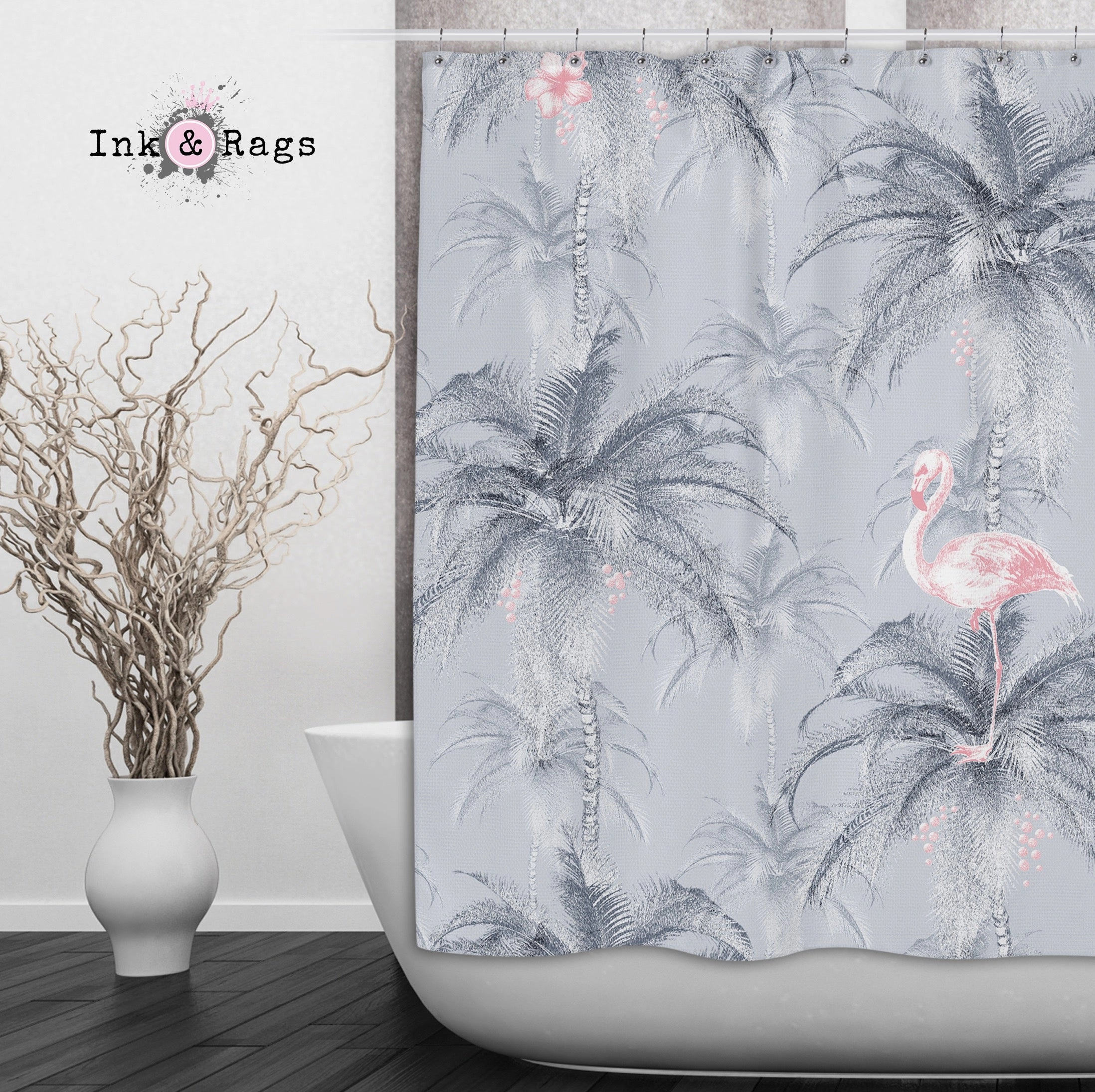 Ink Drum Style Grey Palm and Pink Flamingo Shower Curtains and Optional Bath Mats Lighting,Lamps Fixtures