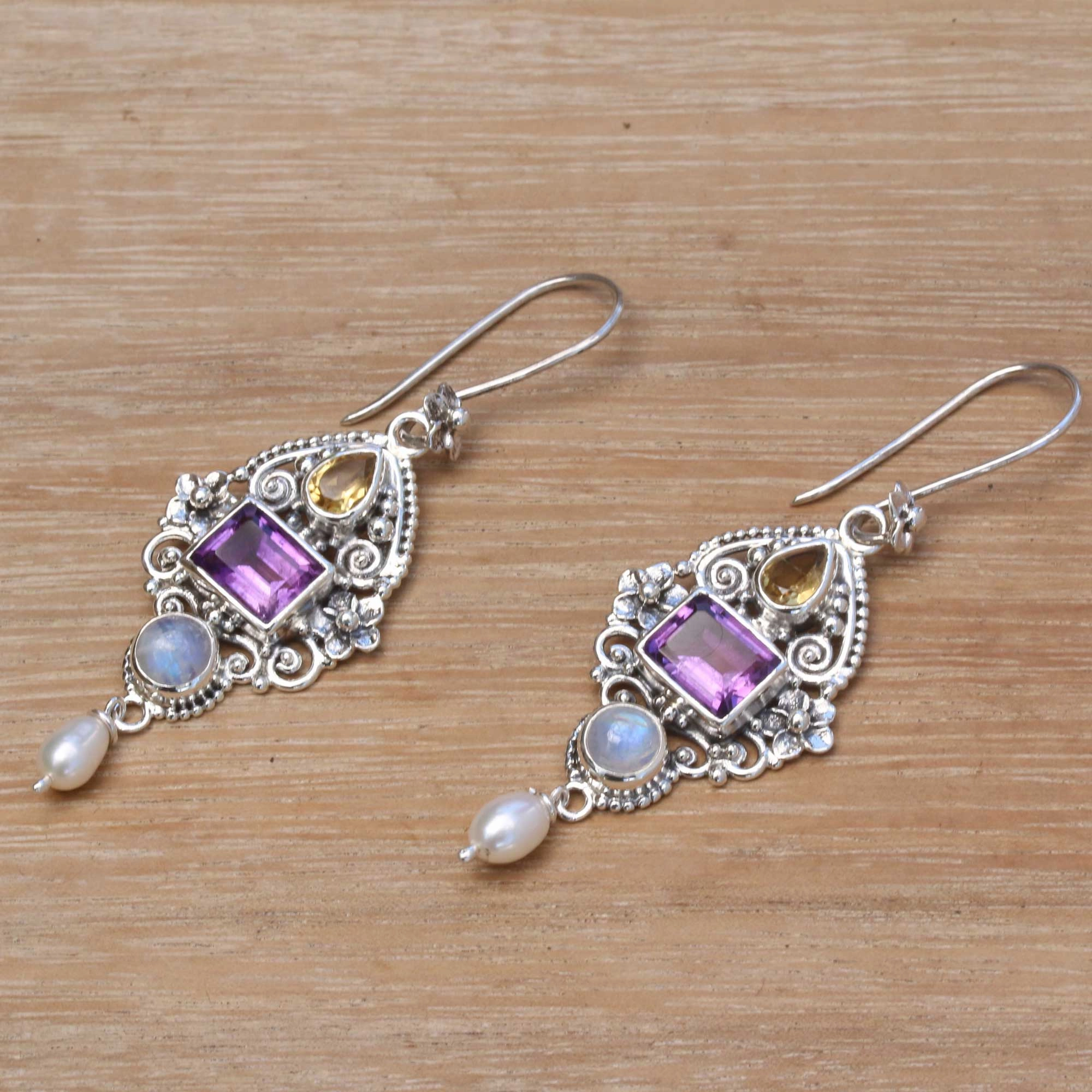 Intricate Beauty Multi-Gemstone and Ornate Sterling Silver Dangle Earrings