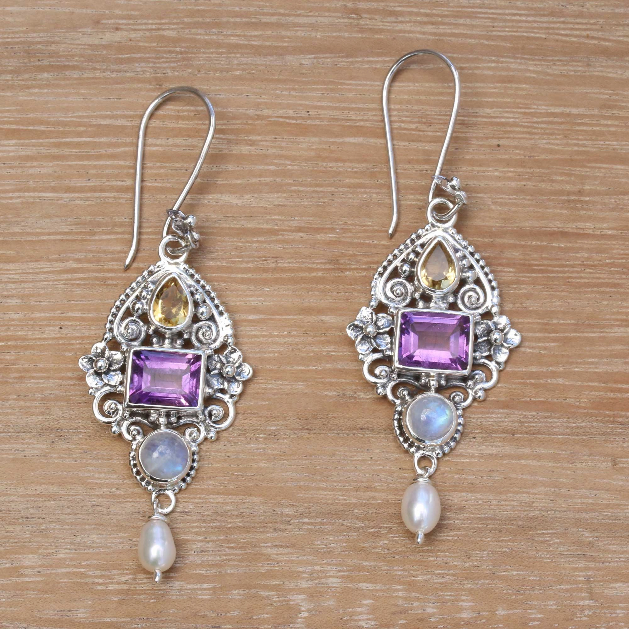 Intricate Beauty Multi-Gemstone and Ornate Sterling Silver Dangle Earrings