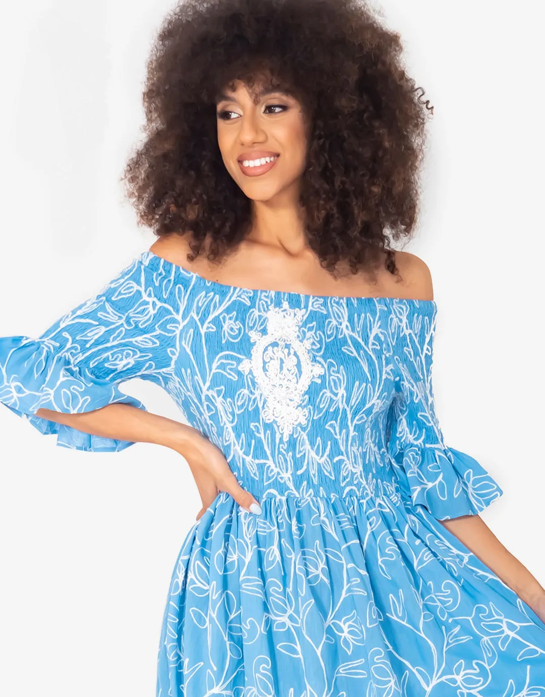 Jessica Off the Shoulder Dress - Mid Blue
