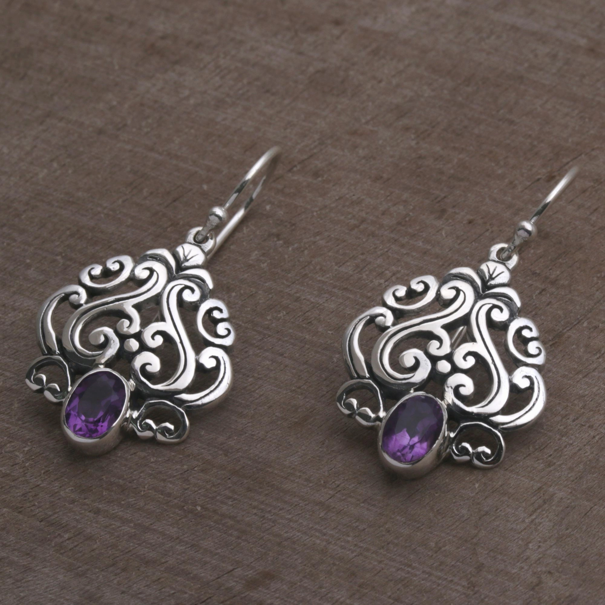 Jeweled Mystery Amethyst and Sterling Silver Dangle Earrings from Bali