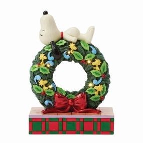 Jim Shore Peanuts Snoopy Sleeping on Lighted Wreath 7.13" Figurine Decorative Mirror,Home Decor Mirror