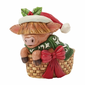 Jim Shore Santa Hat Highland Cow in Basket Mini Figurine 3.54" Decorative Mirror,Home Decor Mirror