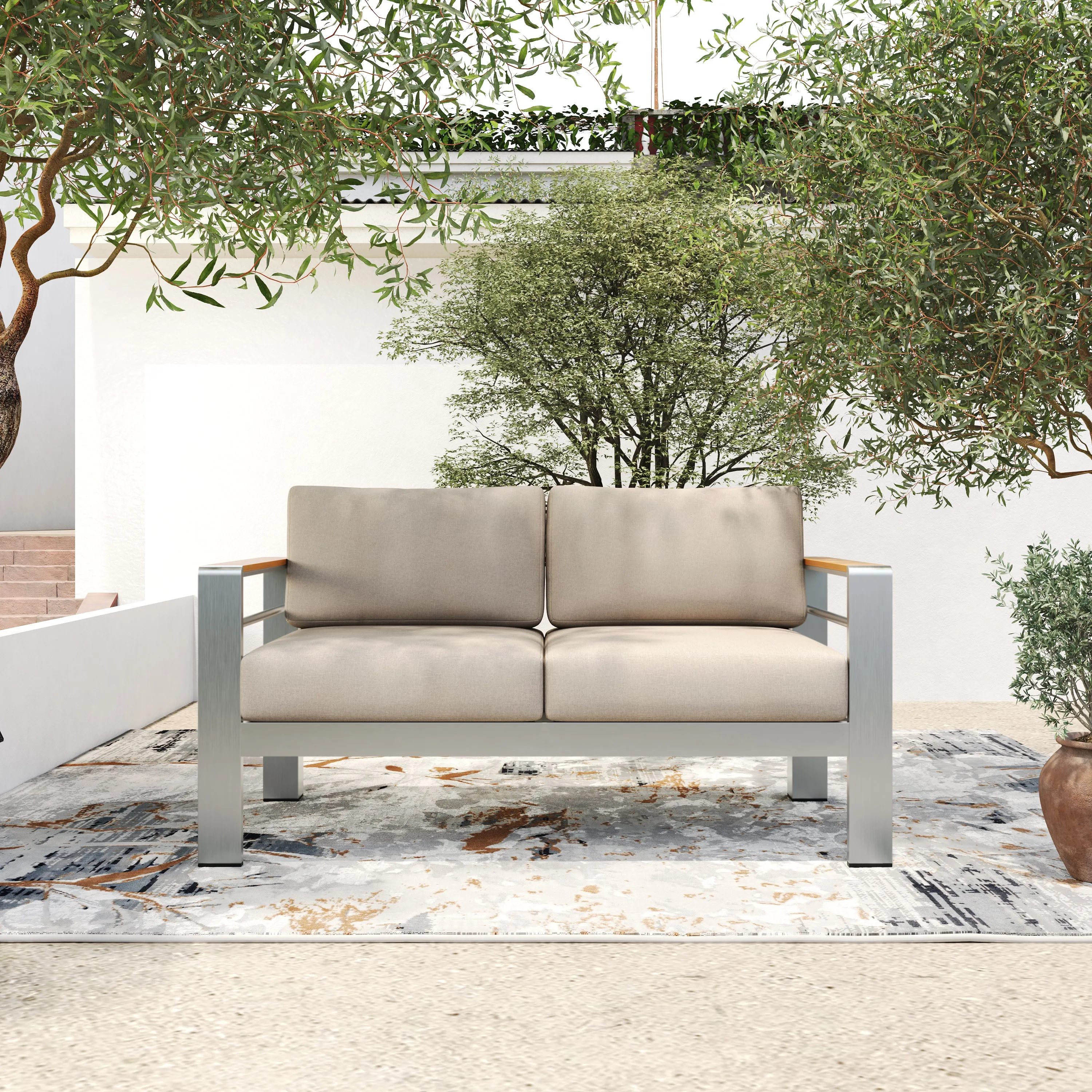 Jorsans Aluminum Outdoor Patio Loveseat with Beige Cushions