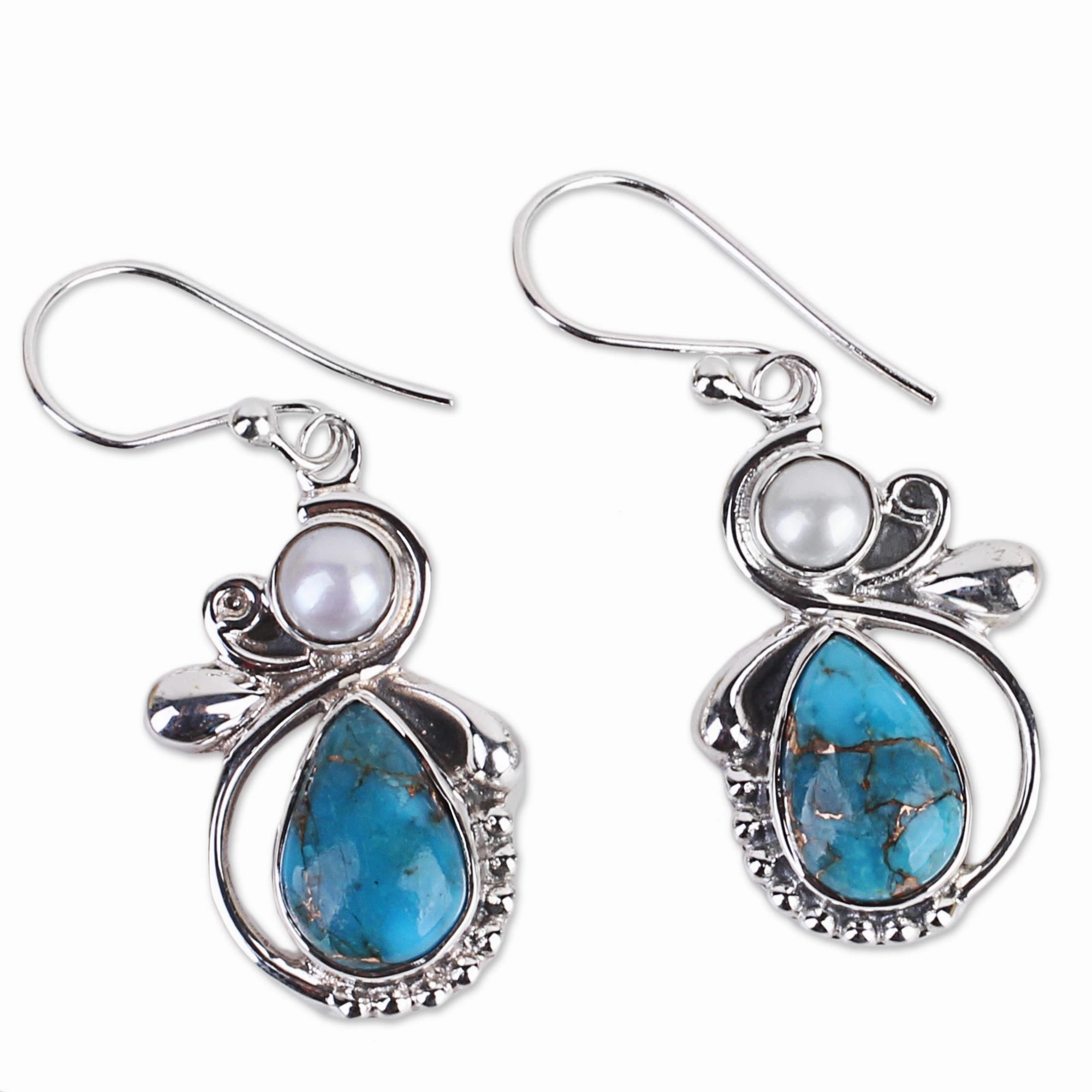 Joyous Blue Sky Silver 925 Cultured Pearl and Composite Turquoise Earrings
