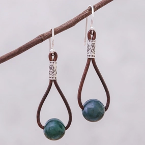 Karen Culture Hill Tribe Green Agate and Leather Dangle Earrings