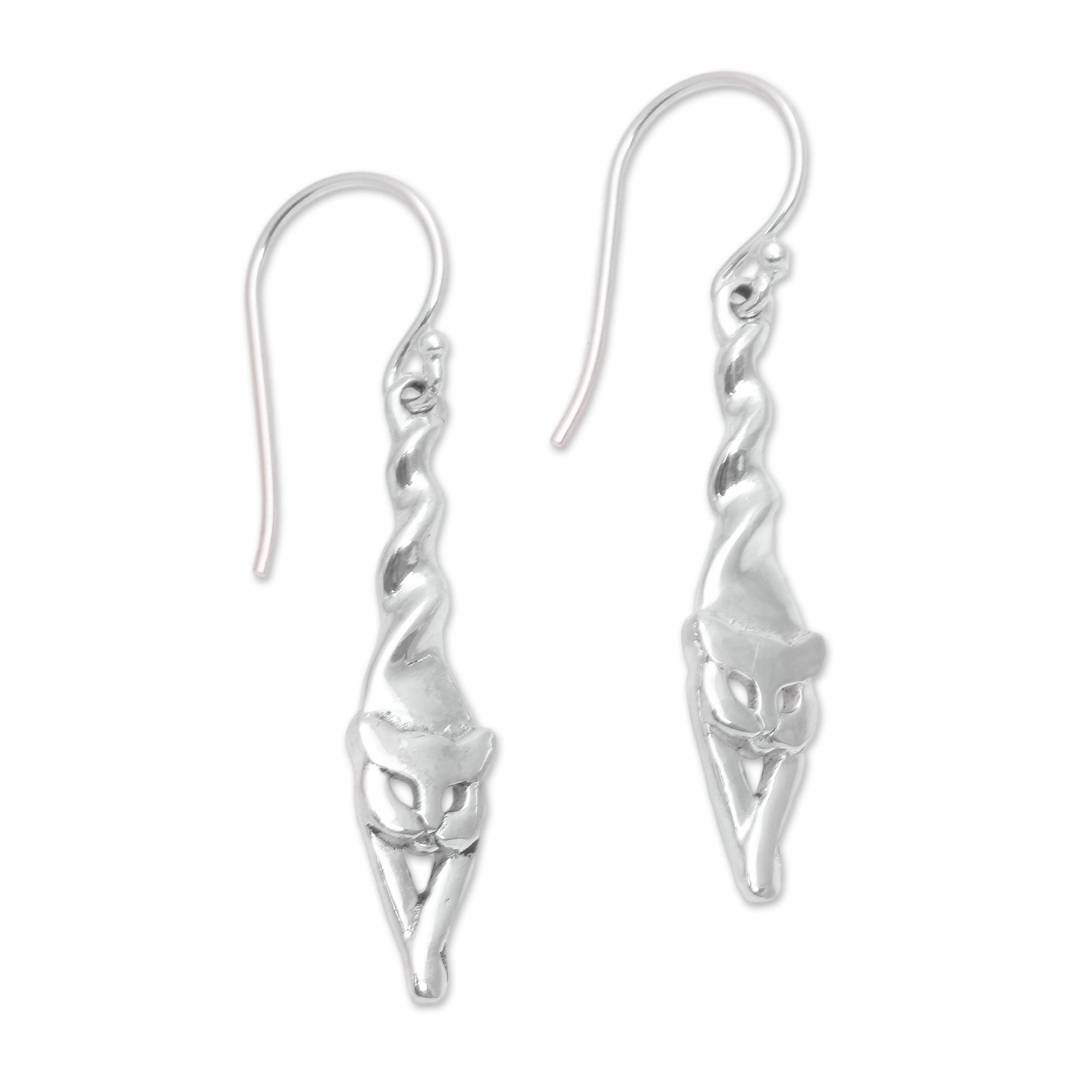 Kitty Stretch Sterling Silver Cat Dangle Earrings Crafted in Bali