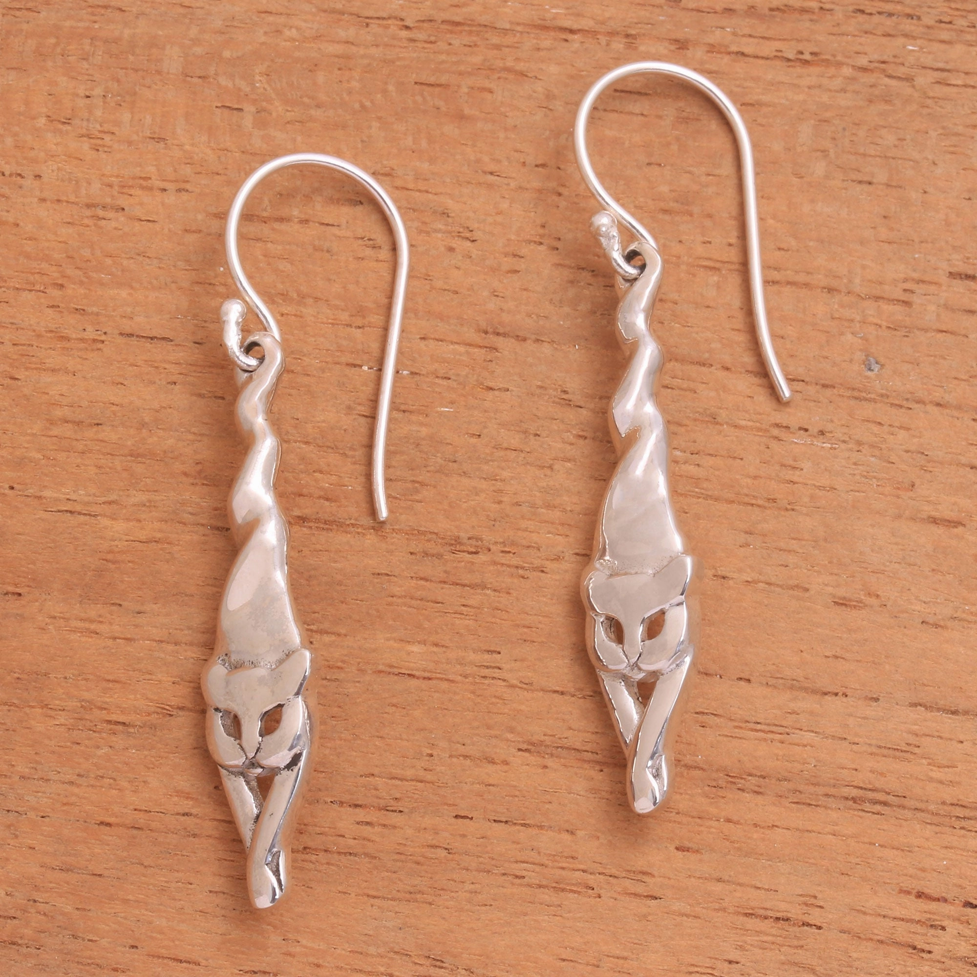 Kitty Stretch Sterling Silver Cat Dangle Earrings Crafted in Bali