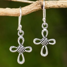 Knotted Cross Hand Crafted Thai Sterling Silver Cross Dangle Earrings