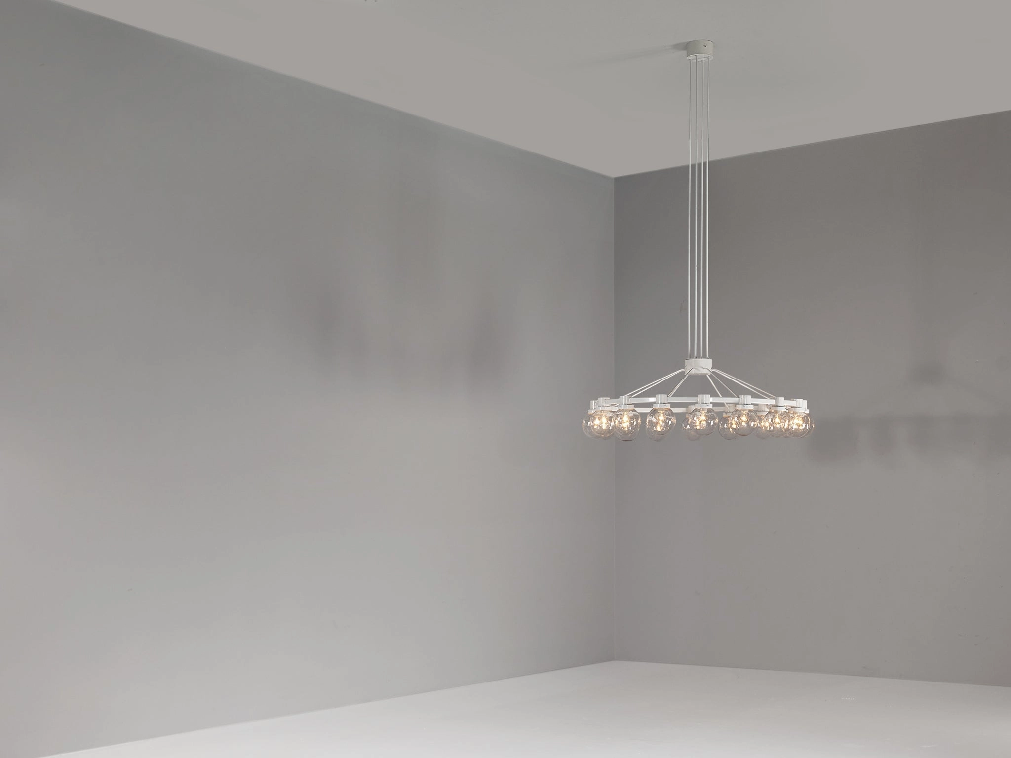 Large Chandelier in White Lacquered Metal with Hand Blown Glass Globes