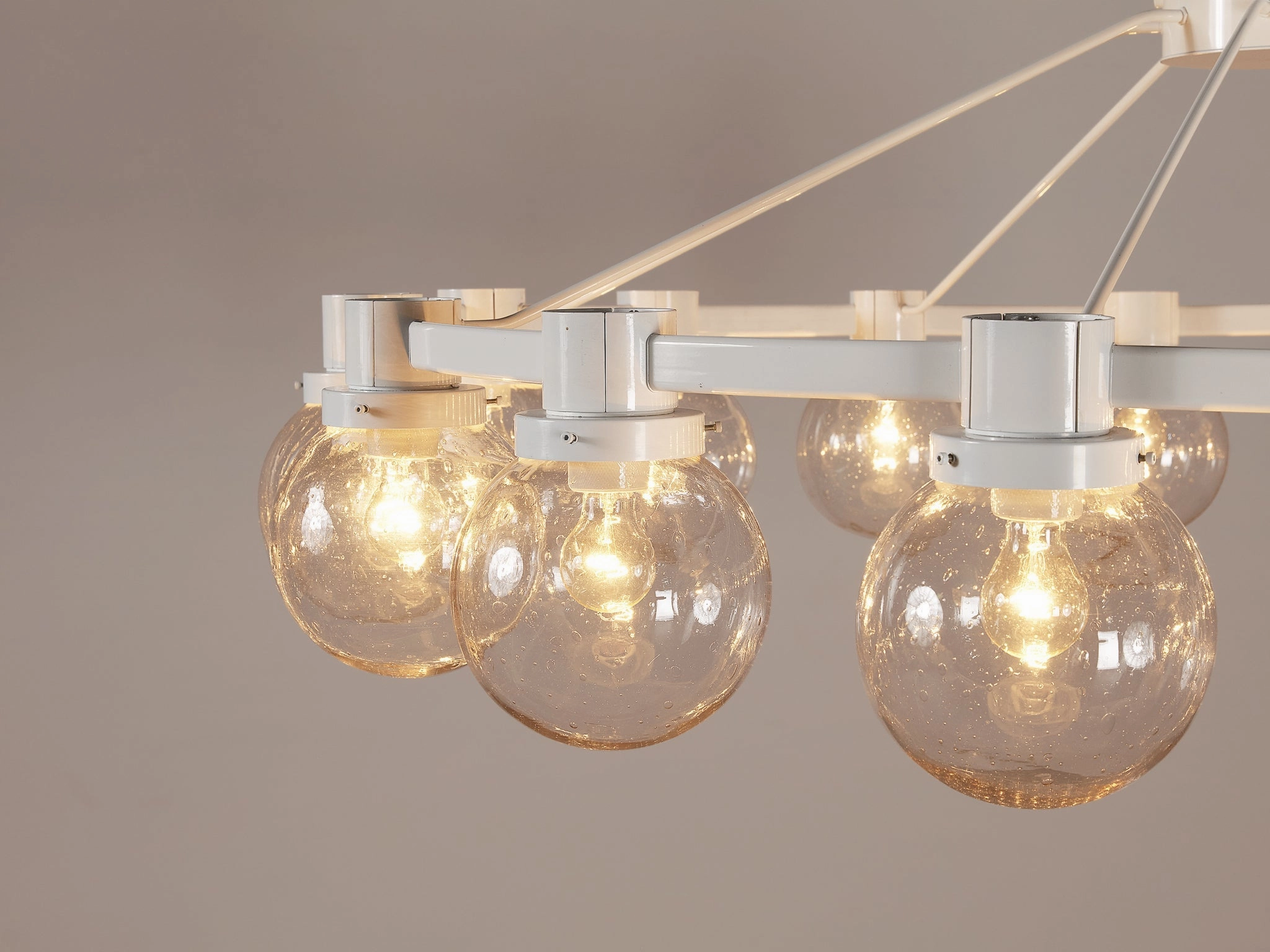 Large Chandelier in White Lacquered Metal with Hand Blown Glass Globes