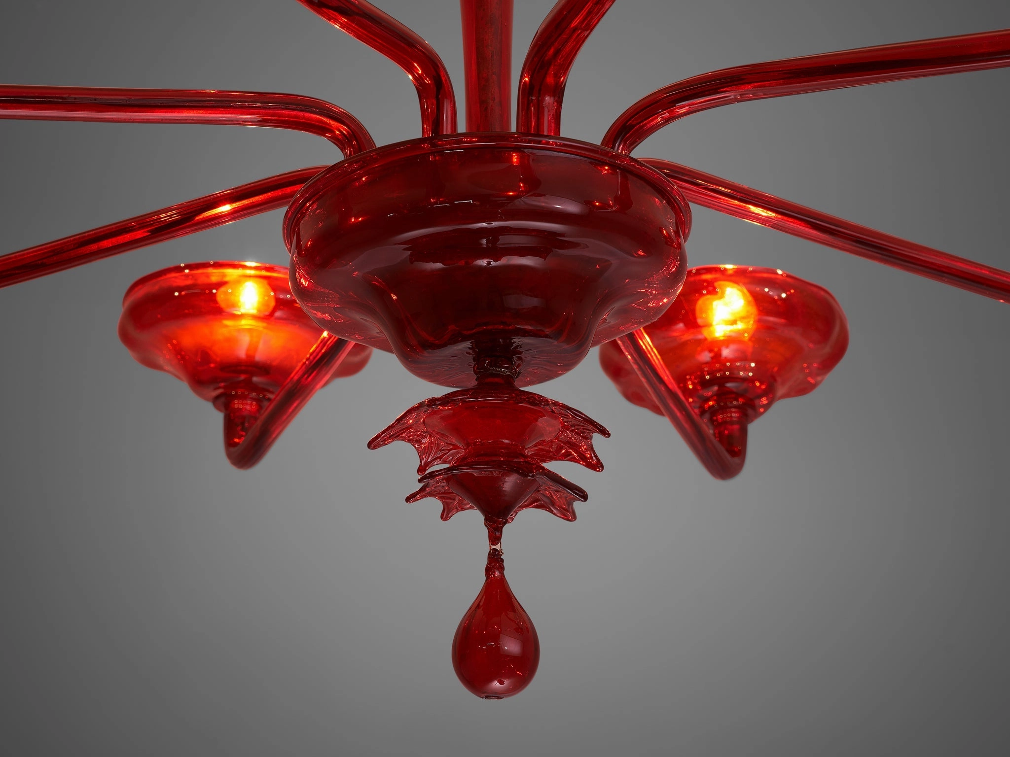 Large Hand Blown Chandelier in Red Murano Glass