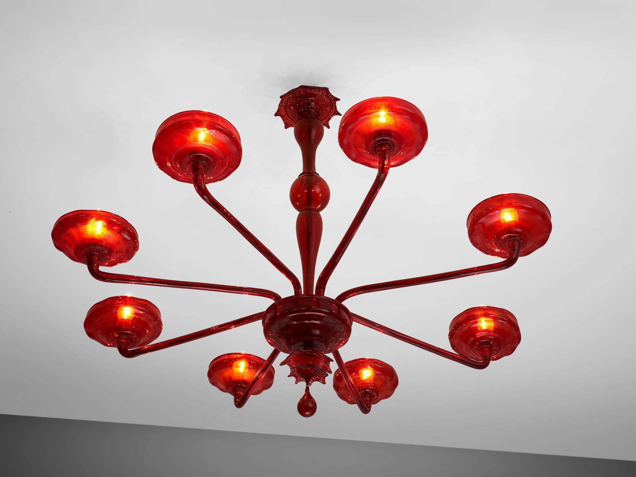 Large Hand Blown Chandelier in Red Murano Glass