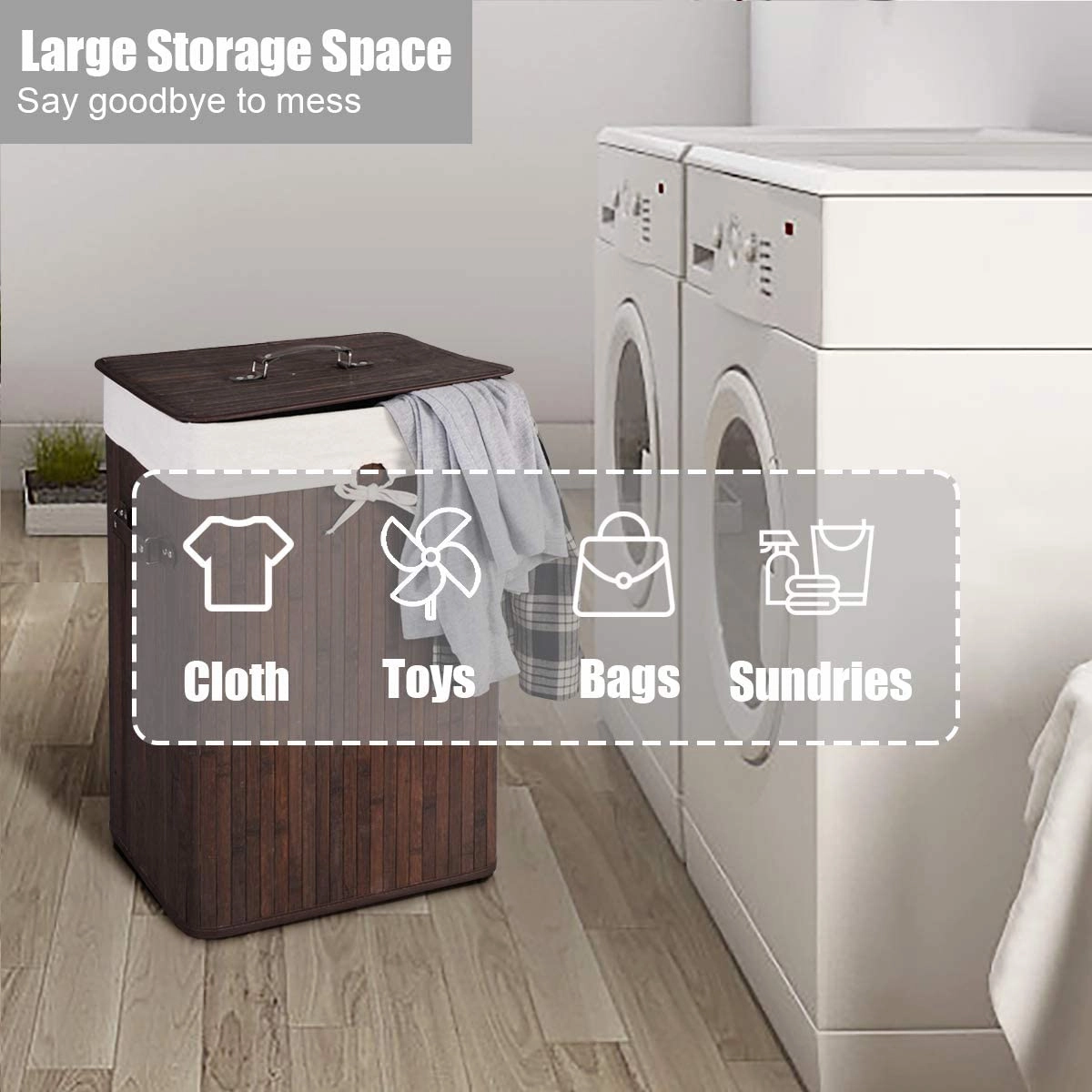 Laundry Hamper Bamboo Laundry Basket, Clothes Hamper with Lid and Removable