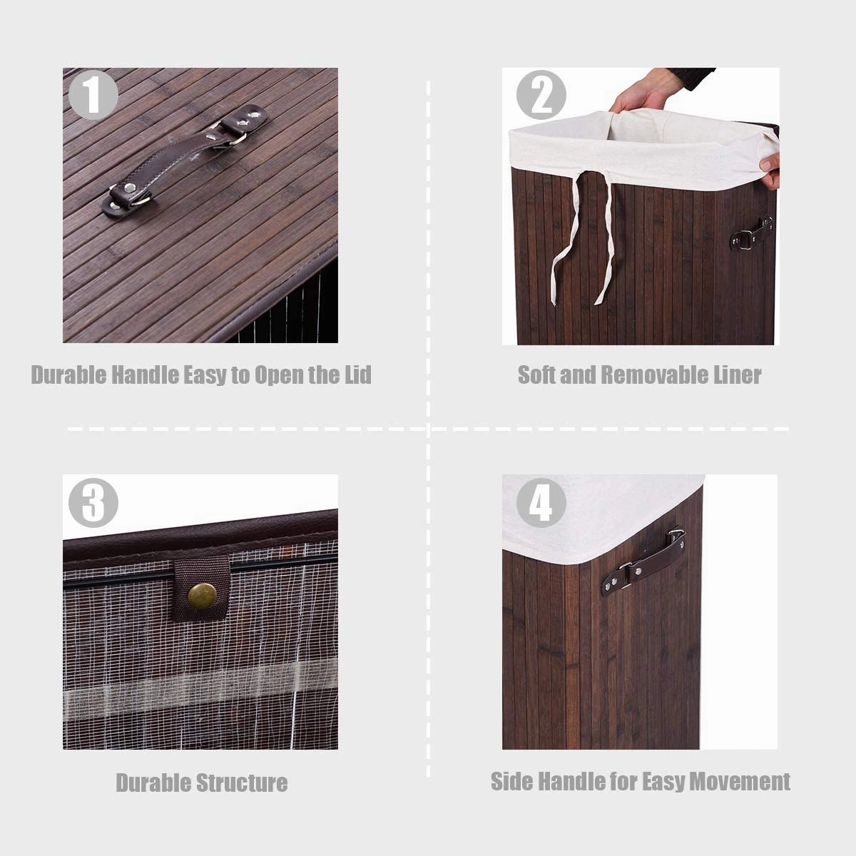 Laundry Hamper Bamboo Laundry Basket, Clothes Hamper with Lid and Removable