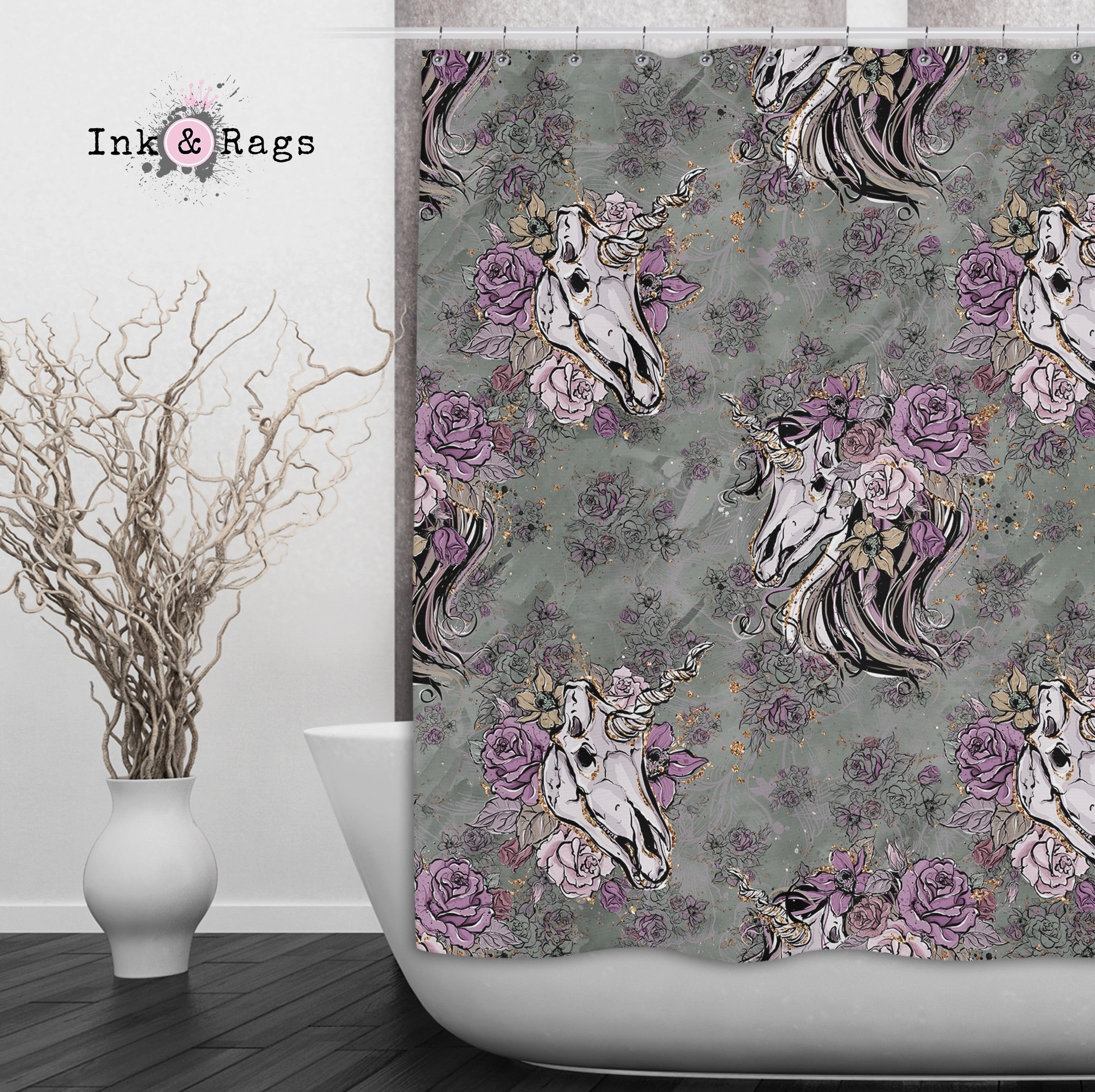 Lavender and Sage Unicorn Skull Shower Curtains and Optional Bath Mats Lighting,Lamps Fixtures