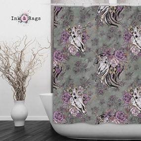 Lavender and Sage Unicorn Skull Shower Curtains and Optional Bath Mats Lighting,Lamps Fixtures