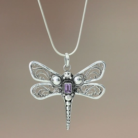 Lavender Dragonfly Amethyst Sterling Silver Necklace