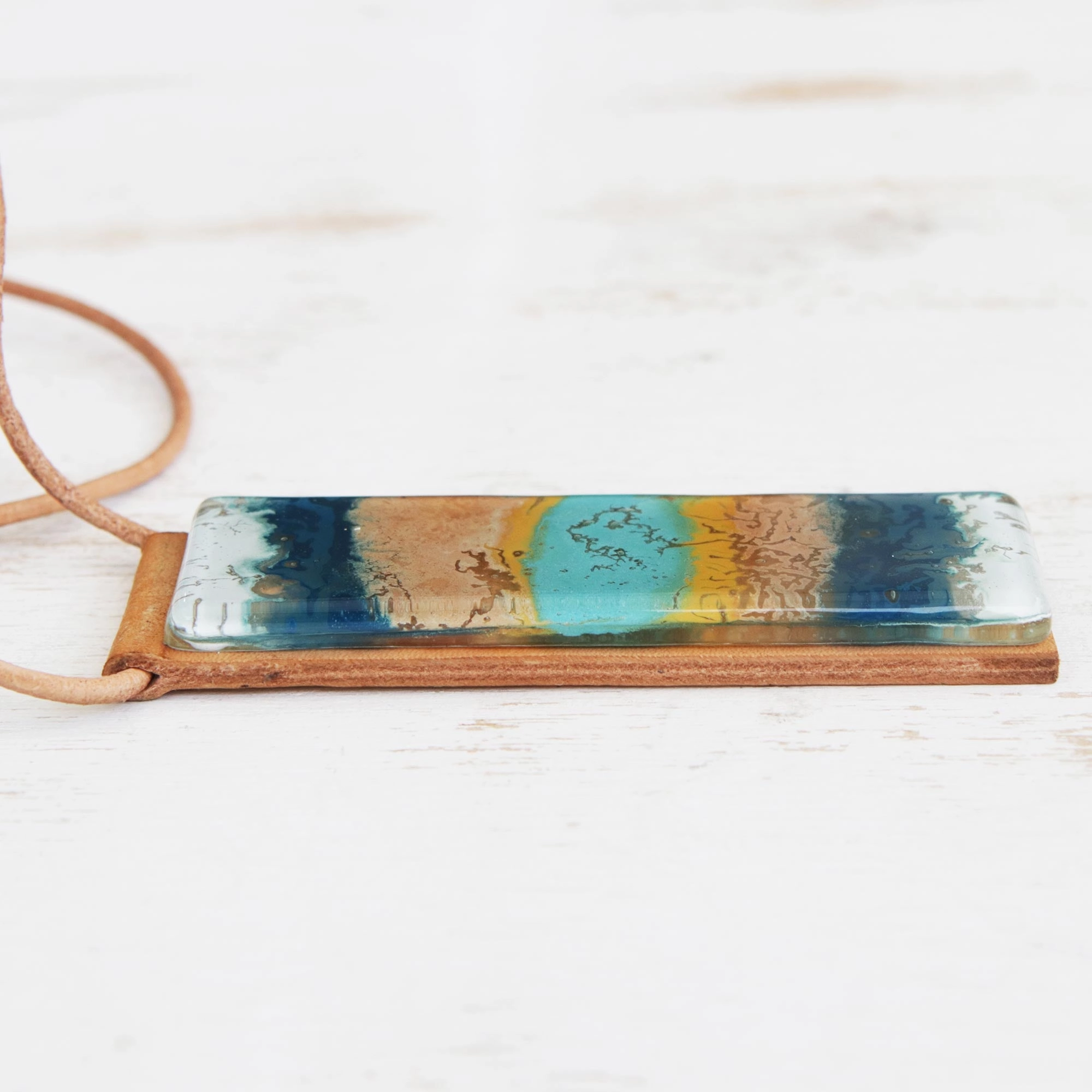 Layers of Ocean Blue and Brown Glass and Leather Pendant Necklace