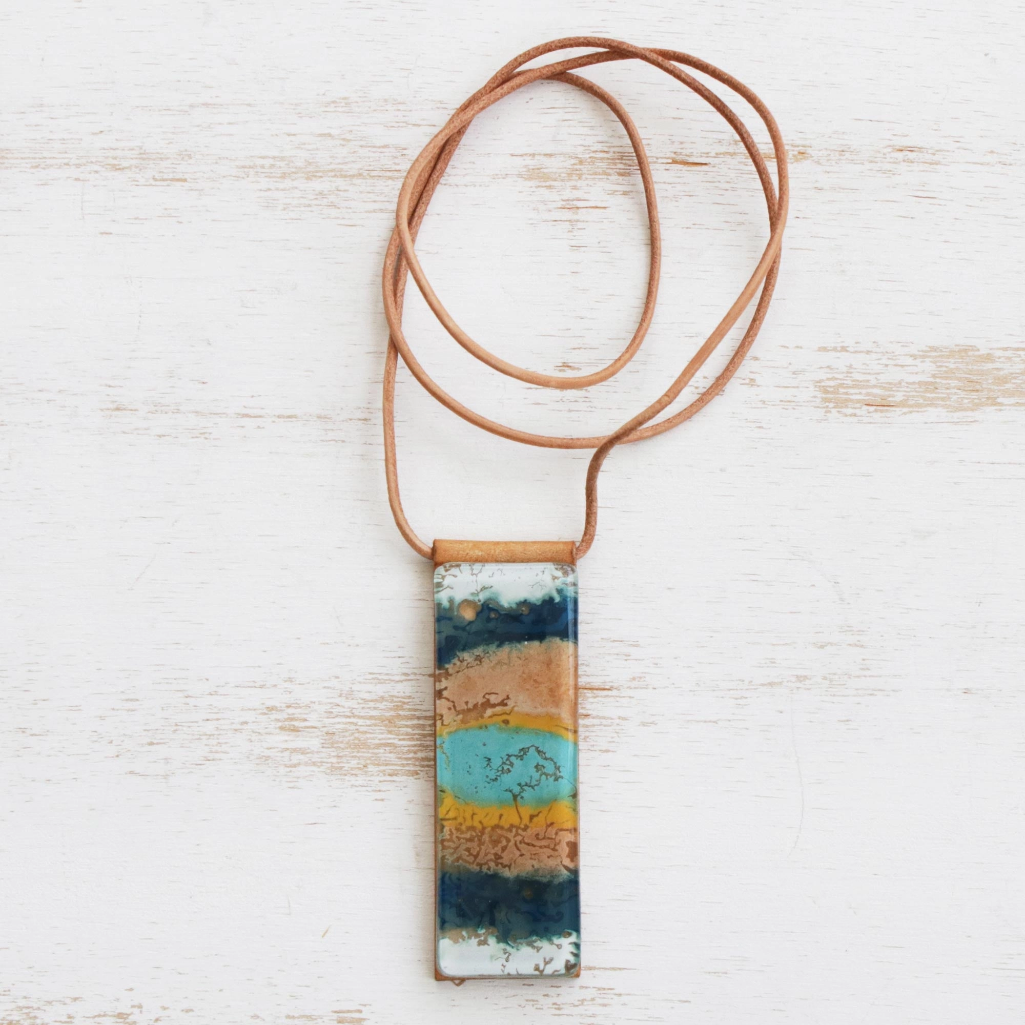 Layers of Ocean Blue and Brown Glass and Leather Pendant Necklace