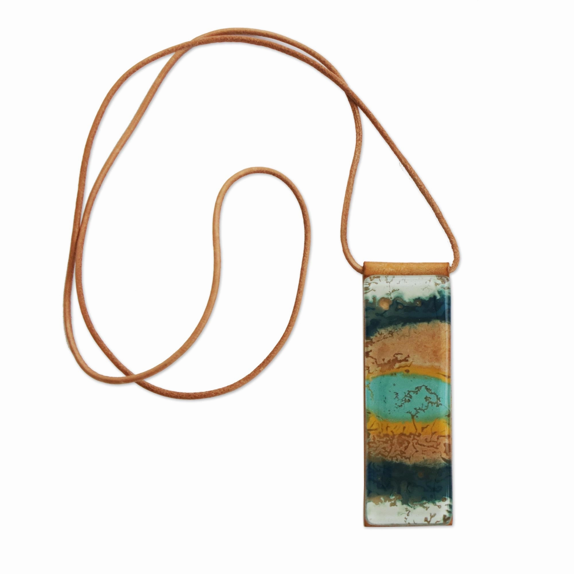 Layers of Ocean Blue and Brown Glass and Leather Pendant Necklace
