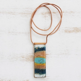 Layers of Ocean Blue and Brown Glass and Leather Pendant Necklace