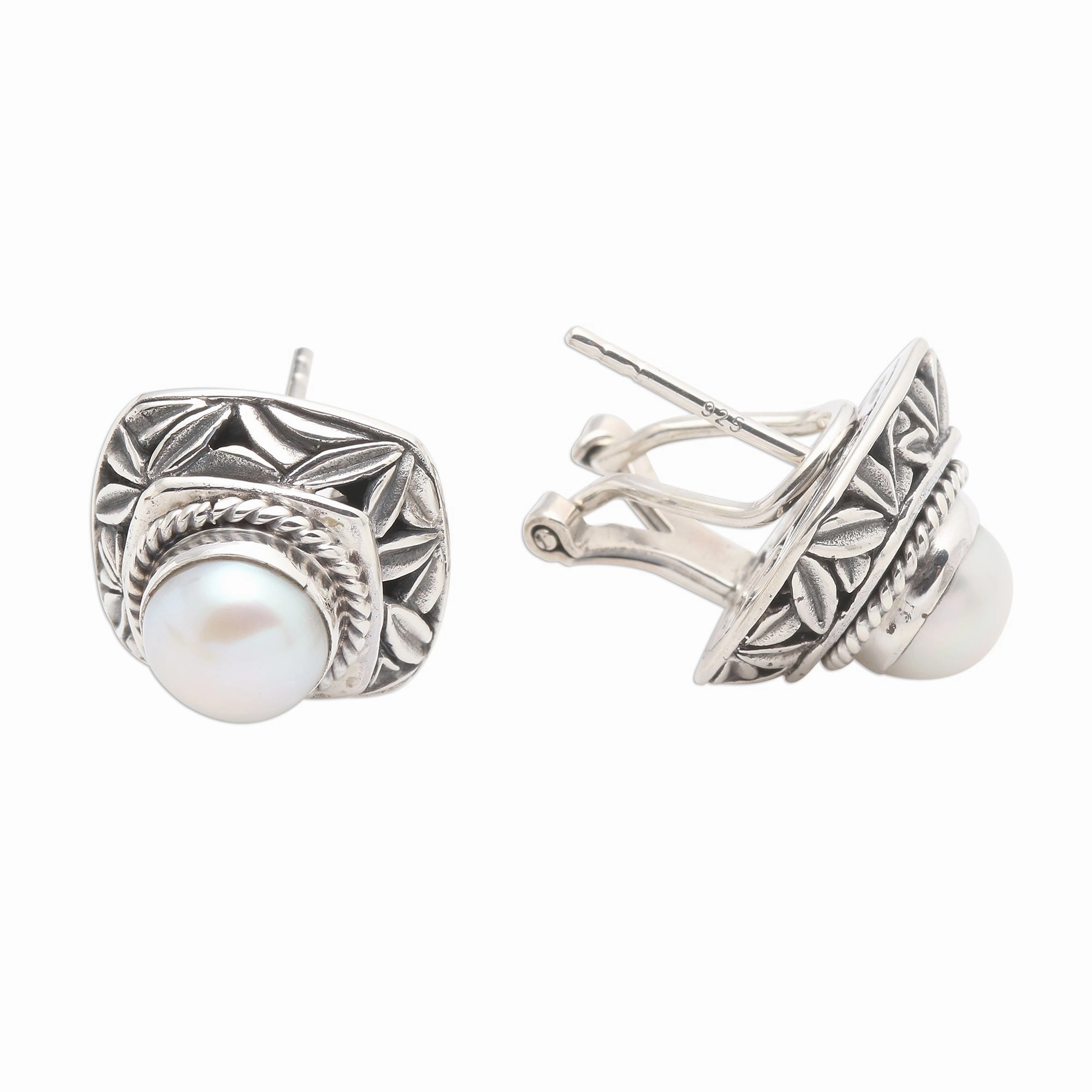 Leaves of Bamboo in White Cultured Pearl and Sterling Silver Button Earrings