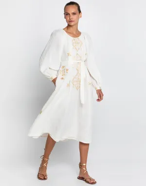Lefkada Round Neck Midi Kaftan Dress - Natural and Gold