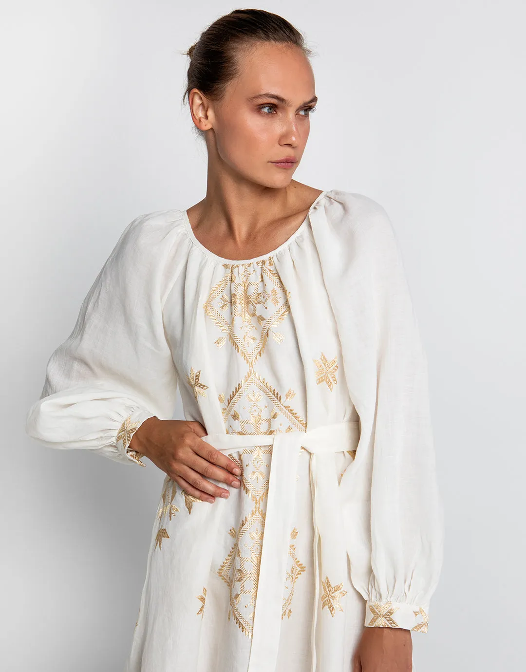 Lefkada Round Neck Midi Kaftan Dress - Natural and Gold