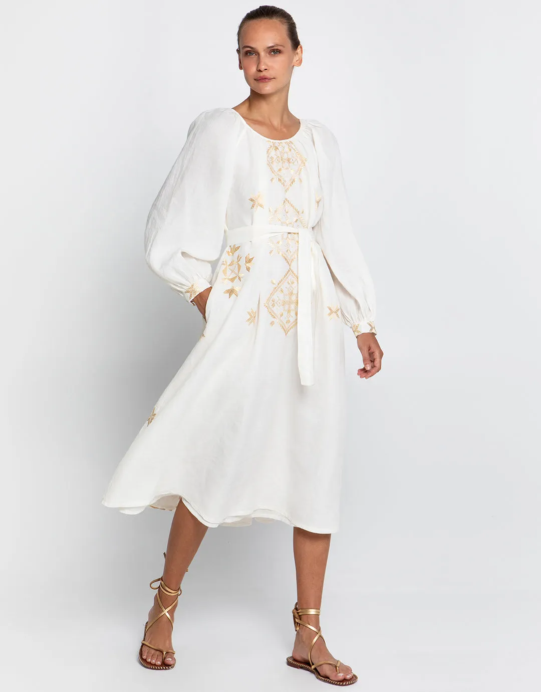 Lefkada Round Neck Midi Kaftan Dress - Natural and Gold