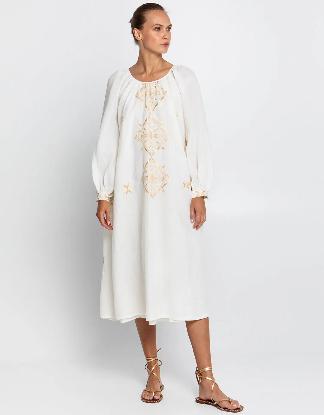 Lefkada Round Neck Midi Kaftan Dress - Natural and Gold