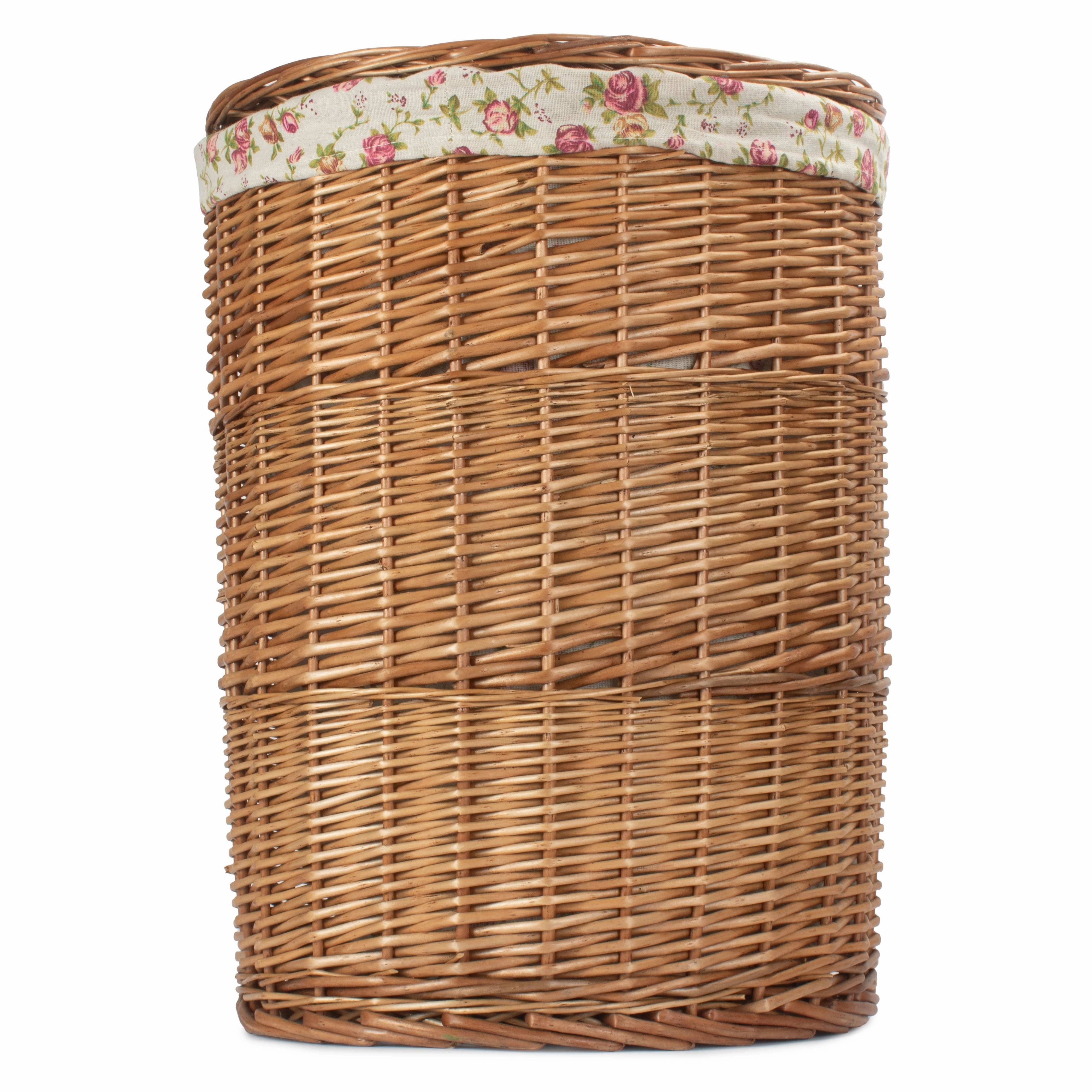 Light Steamed Willow Round Linen Basket with Garden Rose Lining - Large