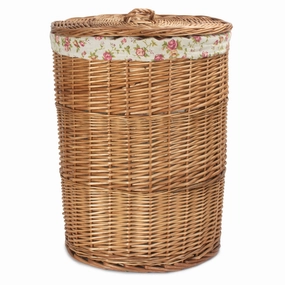 Light Steamed Willow Round Linen Basket with Garden Rose Lining - Large laundry organizer,dirty clothes basket,plastic laundry basket