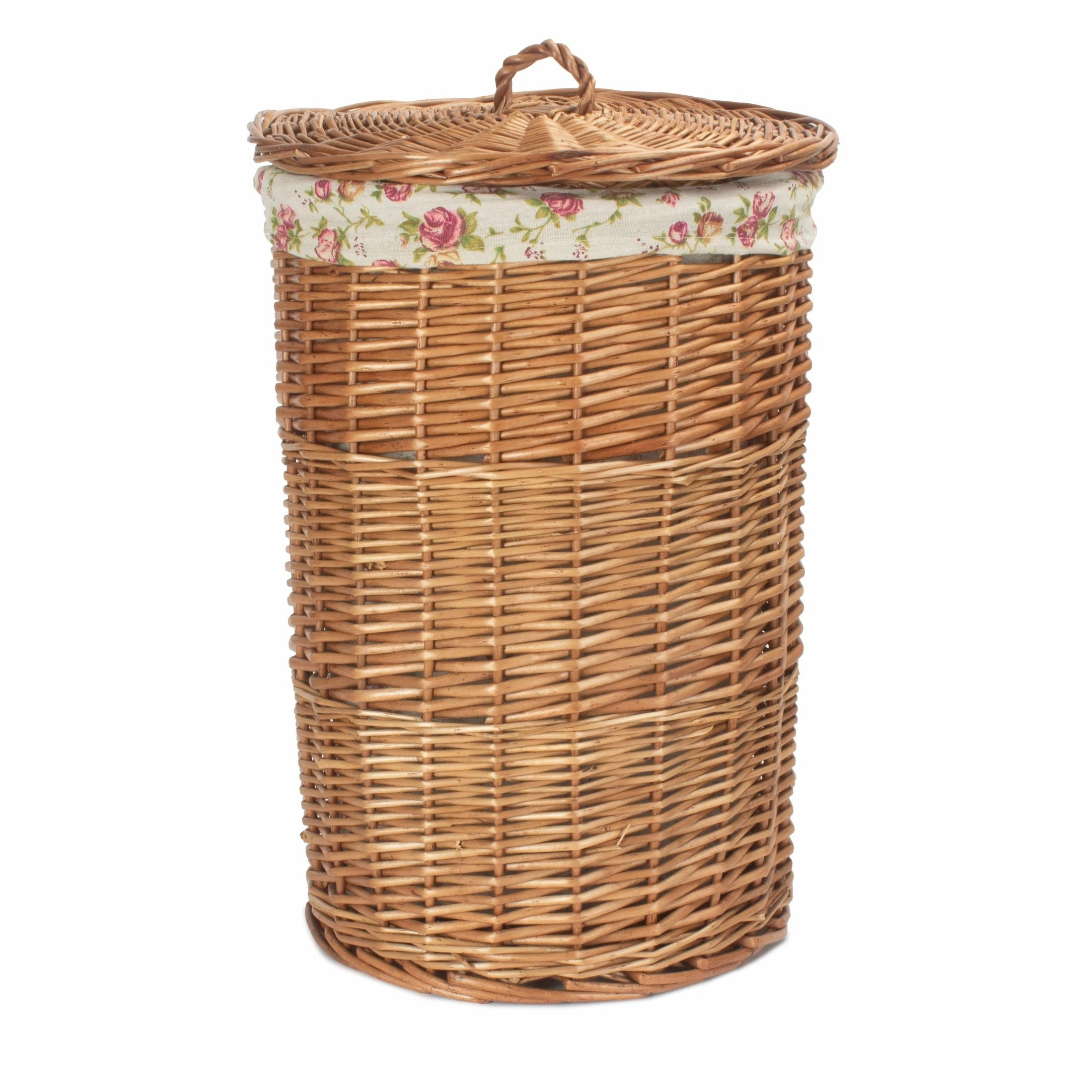 Light Steamed Willow Round Linen Basket with Garden Rose Lining - Small laundry organizer,dirty clothes basket,plastic laundry basket