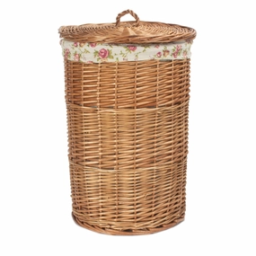 Light Steamed Willow Round Linen Basket with Garden Rose Lining - Small laundry organizer,dirty clothes basket,plastic laundry basket