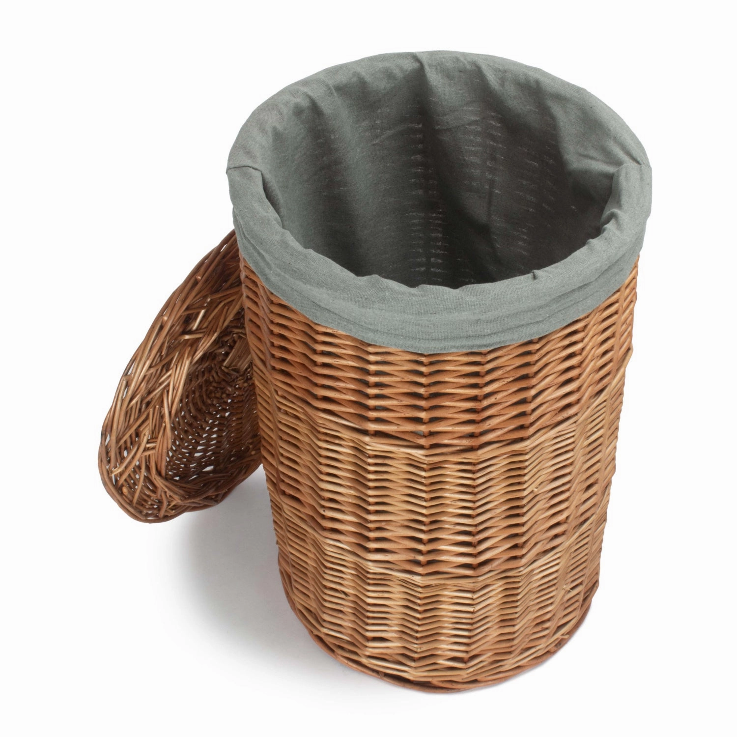 Light Steamed WIllow Round Linen Basket with Grey Sage Lining - Small