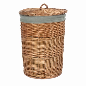 Light Steamed WIllow Round Linen Basket with Grey Sage Lining - Small laundry organizer,dirty clothes basket,plastic laundry basket