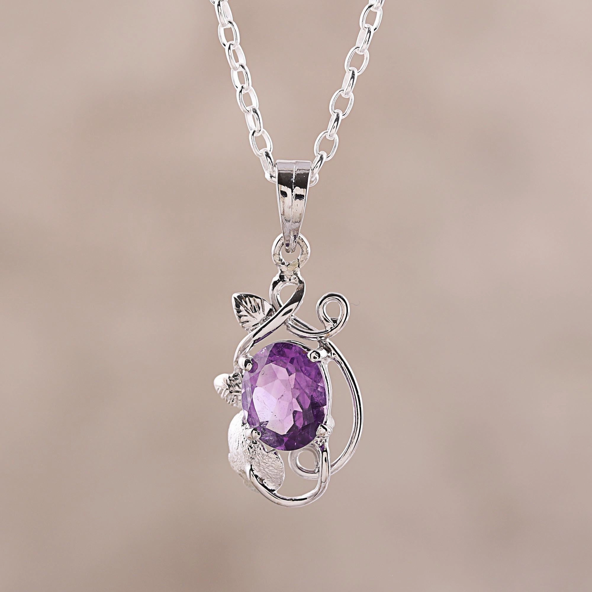 Lilac Dazzle Leafy Rhodium Plated Amethyst Pendant Necklace from India