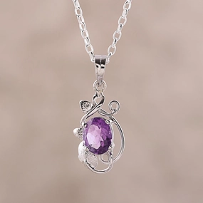 Lilac Dazzle Leafy Rhodium Plated Amethyst Pendant Necklace from India