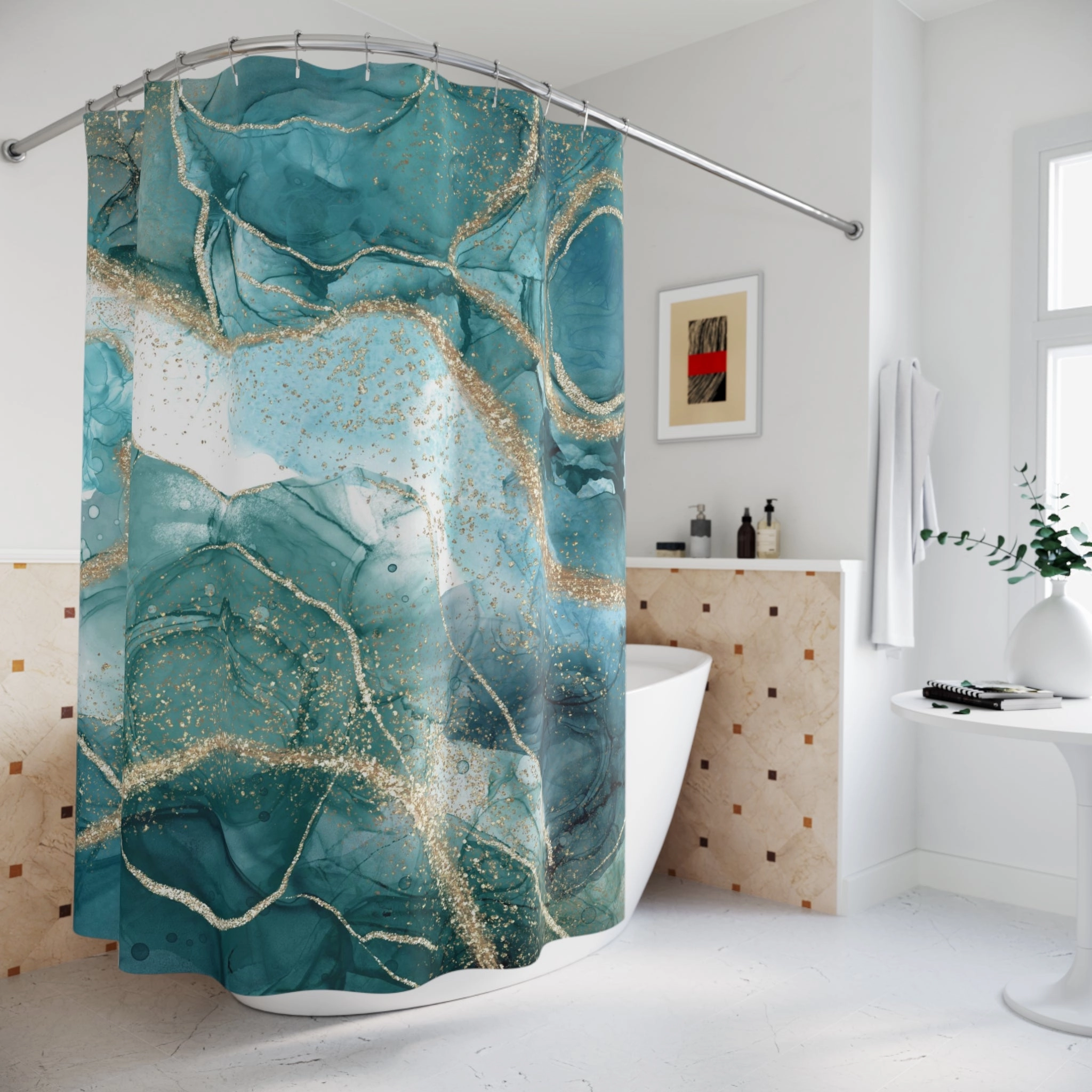 Liquid Ink Shower Curtain | Teal Non Foil Gold