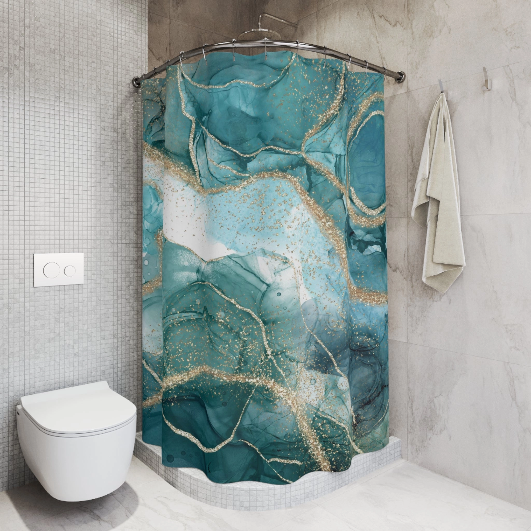 Liquid Ink Shower Curtain | Teal Non Foil Gold