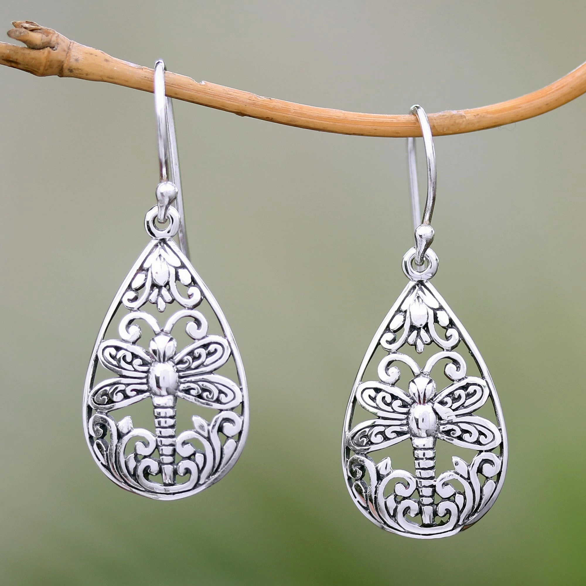 Lone Dragonfly Sterling Silver Dragonfly Dangle Earrings from Bali