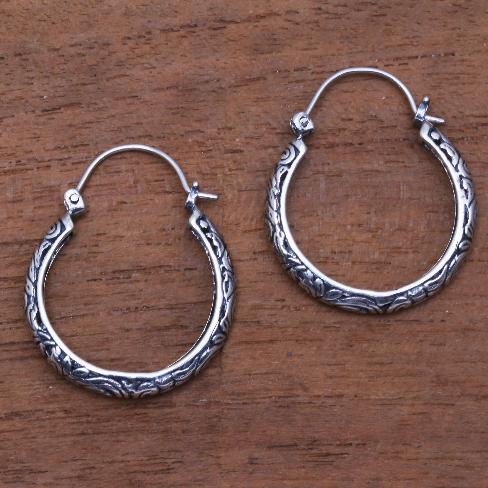 Loop Tradition Patterned Sterling Silver Hoop Earrings from Bali