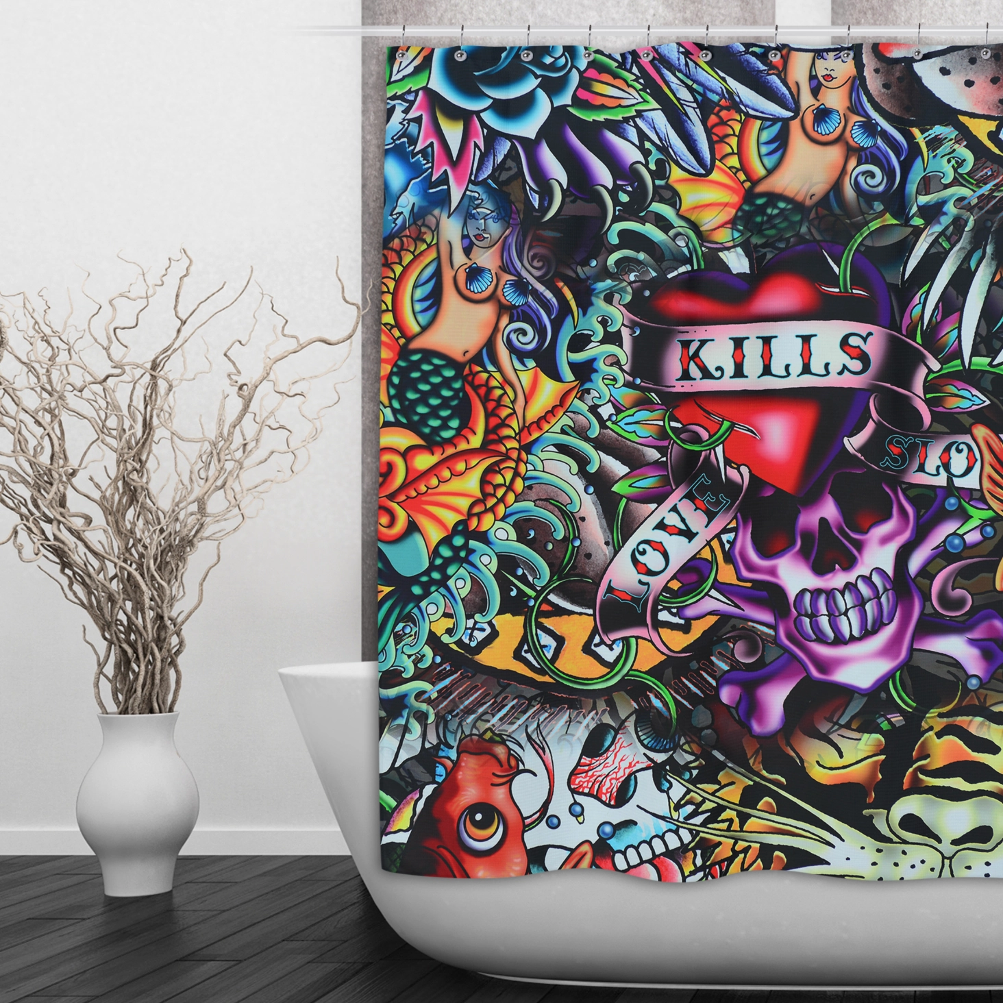 Love Kills Retro Tattoo Skull Shower Curtains and Optional Bath Mats Lighting,Lamps Fixtures