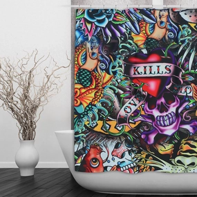 Love Kills Retro Tattoo Skull Shower Curtains and Optional Bath Mats Lighting,Lamps Fixtures